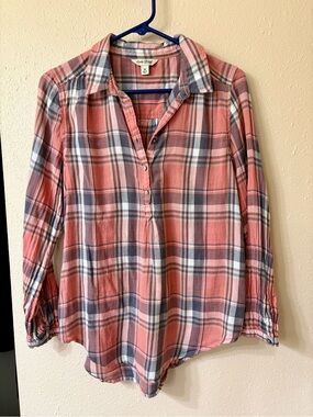 Lucky Brand Coral Pink & Gray Plaid Button-Down Tunic Shirt